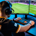 A professional esports gamer, fully clothed in a modest, official esports jersey, intensely focused while sitting at a modern gaming desk. The screen in front of them displays a tactical overhead view of an FC Online football match, showing strategic player positions and passing lanes. The atmosphere is calm and concentrated, highlighting mental fortitude and analytical thinking. The player's hands are resting on a gaming controller. The background features subtle, high-tech LED lighting. perfect anatomy, correct proportions, natural pose, well-formed hands, proper finger count, natural body proportions, professional photography, high quality, safe for work, appropriate content, fully clothed, professional.