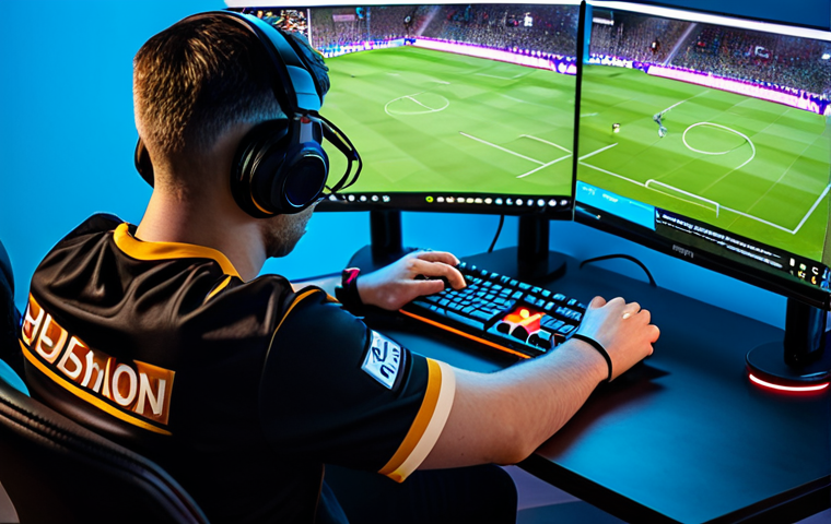 A professional esports gamer, fully clothed in a modest, official esports jersey, intensely focused while sitting at a modern gaming desk. The screen in front of them displays a tactical overhead view of an FC Online football match, showing strategic player positions and passing lanes. The atmosphere is calm and concentrated, highlighting mental fortitude and analytical thinking. The player's hands are resting on a gaming controller. The background features subtle, high-tech LED lighting. perfect anatomy, correct proportions, natural pose, well-formed hands, proper finger count, natural body proportions, professional photography, high quality, safe for work, appropriate content, fully clothed, professional.