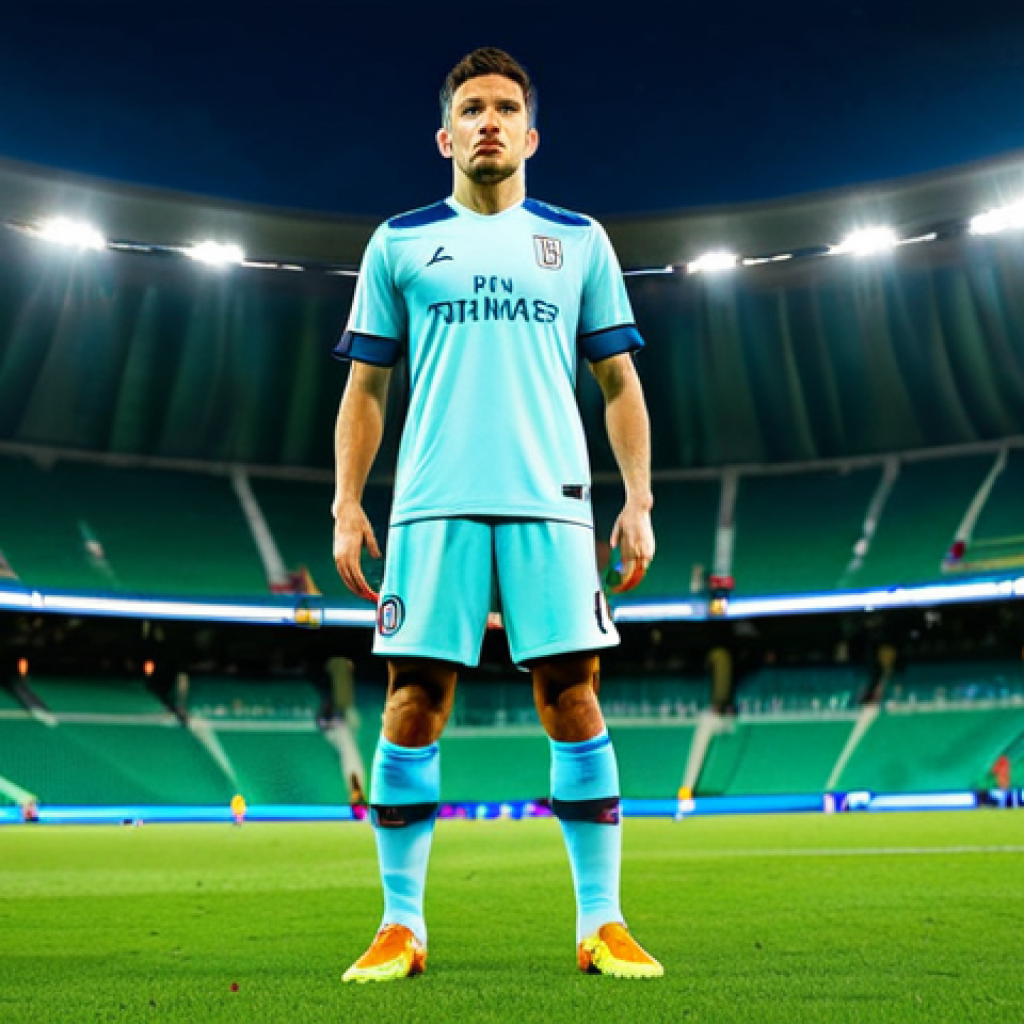 A focused male soccer player, wearing a professional team jersey, shorts, socks, and boots, standing firmly on a pristine green soccer field under bright stadium lights. He is in a natural defensive pose, looking intently forward. Around him, subtle glowing blue lines illustrate a strategic AI defensive formation on the field. The image captures a moment of intense concentration and tactical understanding. Perfect anatomy, correct proportions, well-formed hands, proper finger count, natural body proportions, fully clothed, modest clothing, appropriate attire, professional dress, safe for work, appropriate content, professional photography, high quality.