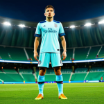 A focused male soccer player, wearing a professional team jersey, shorts, socks, and boots, standing firmly on a pristine green soccer field under bright stadium lights. He is in a natural defensive pose, looking intently forward. Around him, subtle glowing blue lines illustrate a strategic AI defensive formation on the field. The image captures a moment of intense concentration and tactical understanding. Perfect anatomy, correct proportions, well-formed hands, proper finger count, natural body proportions, fully clothed, modest clothing, appropriate attire, professional dress, safe for work, appropriate content, professional photography, high quality.