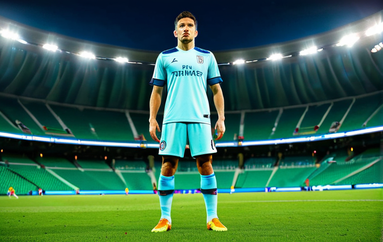 A focused male soccer player, wearing a professional team jersey, shorts, socks, and boots, standing firmly on a pristine green soccer field under bright stadium lights. He is in a natural defensive pose, looking intently forward. Around him, subtle glowing blue lines illustrate a strategic AI defensive formation on the field. The image captures a moment of intense concentration and tactical understanding. Perfect anatomy, correct proportions, well-formed hands, proper finger count, natural body proportions, fully clothed, modest clothing, appropriate attire, professional dress, safe for work, appropriate content, professional photography, high quality.